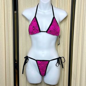NEW! BLACK LIGHT HOT PINK & BLACK LACE DANCE THONG BIKINI SET OSFM